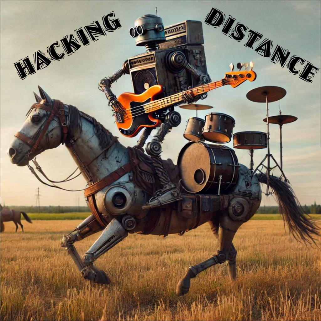 Robot riding a horse holding a bass and drums